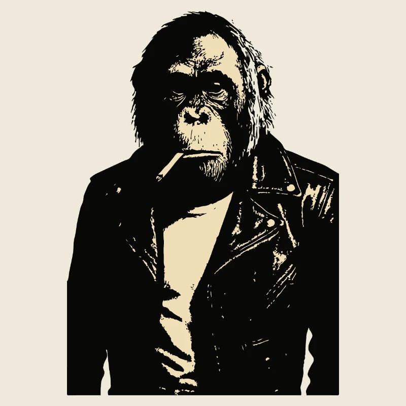Orang-Utan raucht eine Zigarette in einer Lederjacke