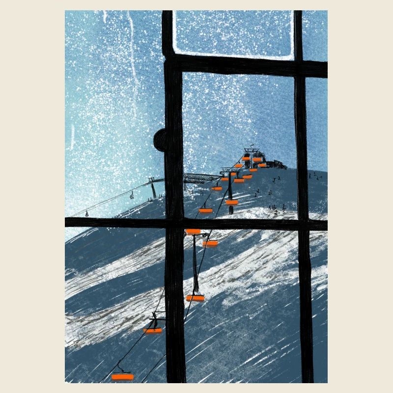 Fensterblick Skilift Blau