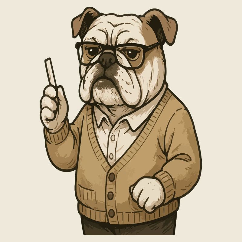 Professeur bouledogue avec dessin animé rétro de classe à la craie