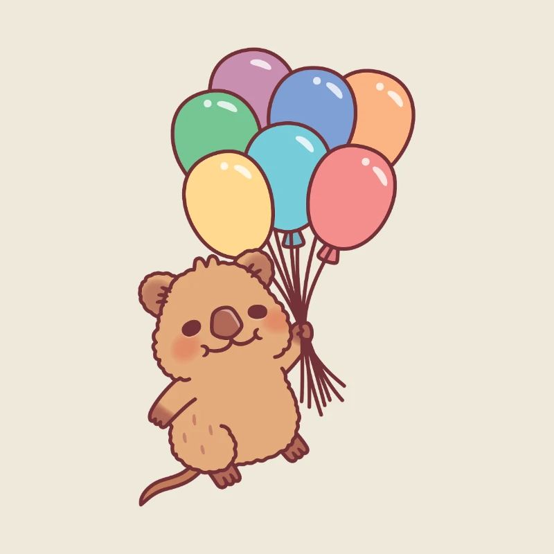 Quokka mignon souriant volant avec des ballons arc-en-ciel