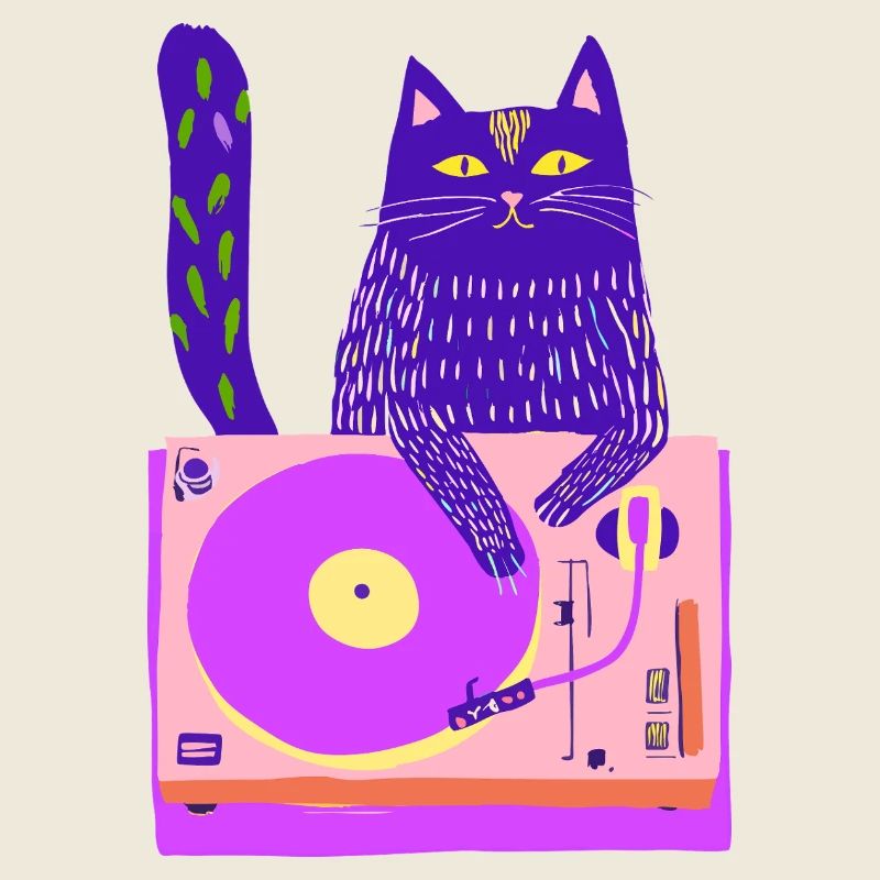 Neon Cat DJ on Pink Turntable