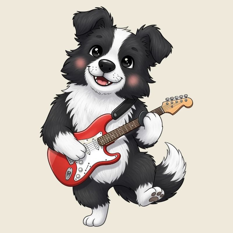 Kuscheliger Hund mit E-Gitarre