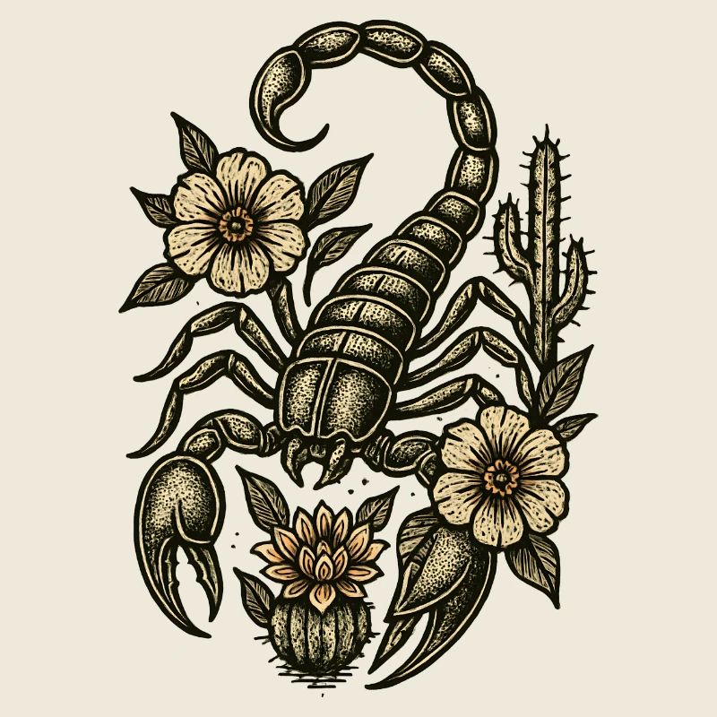 Vintage Scorpion Flower Engraving