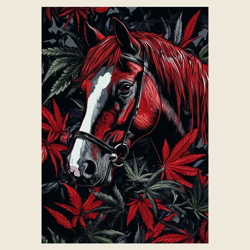 Red horse with foliage in the dark forest