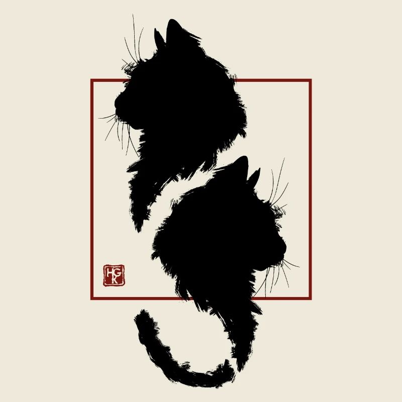 Minimalistischer roter Rahmen, schwarze Katze in Japan