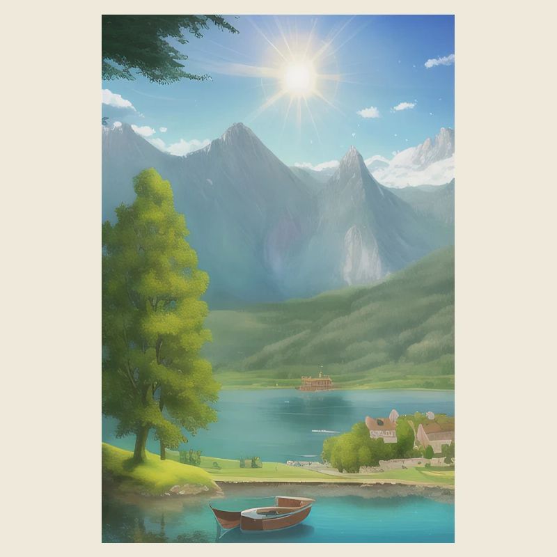 Landschaft mit See, Boot und Berge