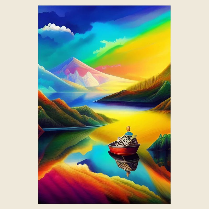 Paysage avec lac, bateau et montagnes
