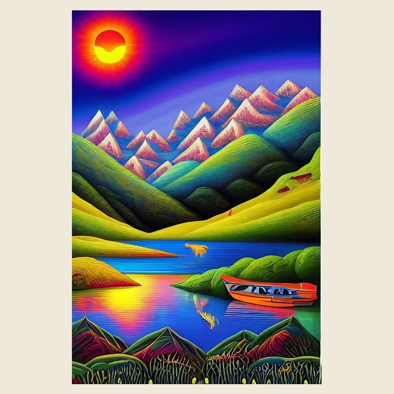 Landschaft mit See, Boot und Berge
