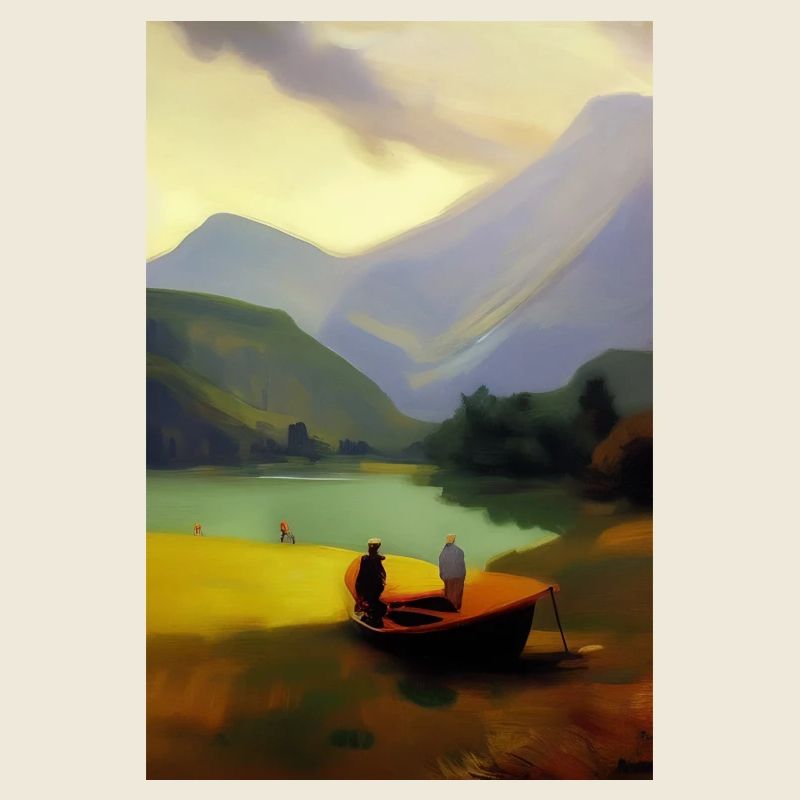 Landschaft mit See, Boot und Berge