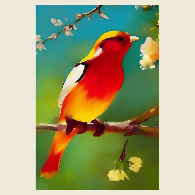 Bird on branch with colorful flowers