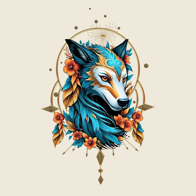 Loup stylisé à la fourrure bleu vif et or