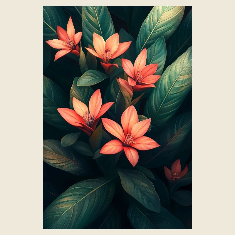 Fleurs tropicales orange au feuillage vert foncé
