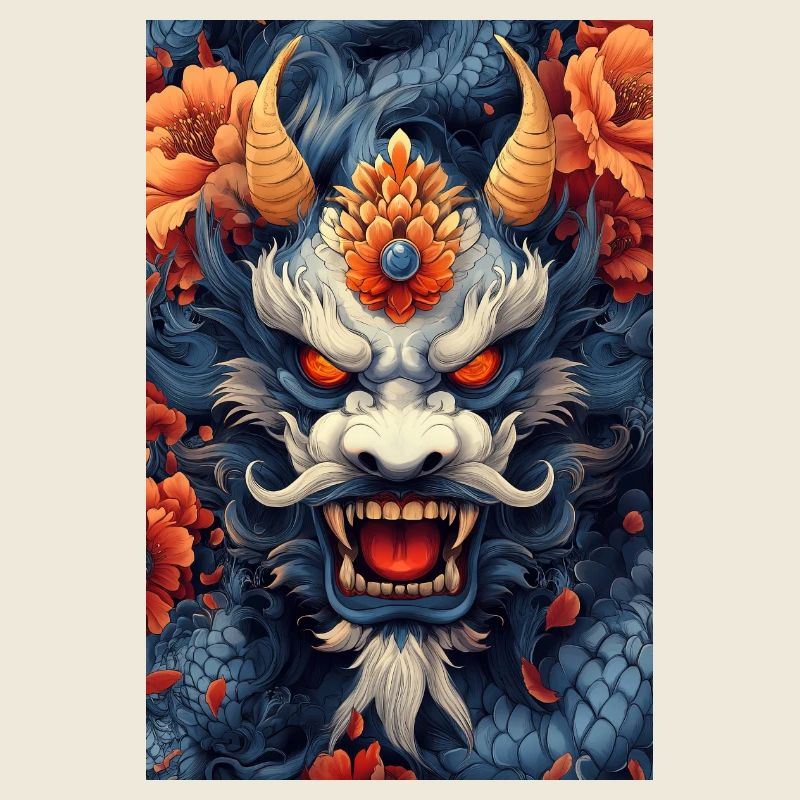 Tête de Dragon Bleue avec des Fleurs de Feu