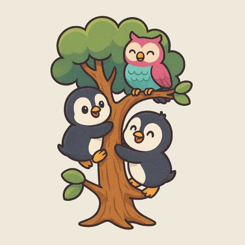 Des bébés pingouins grimpent à un arbre, un hibou se joint à eux