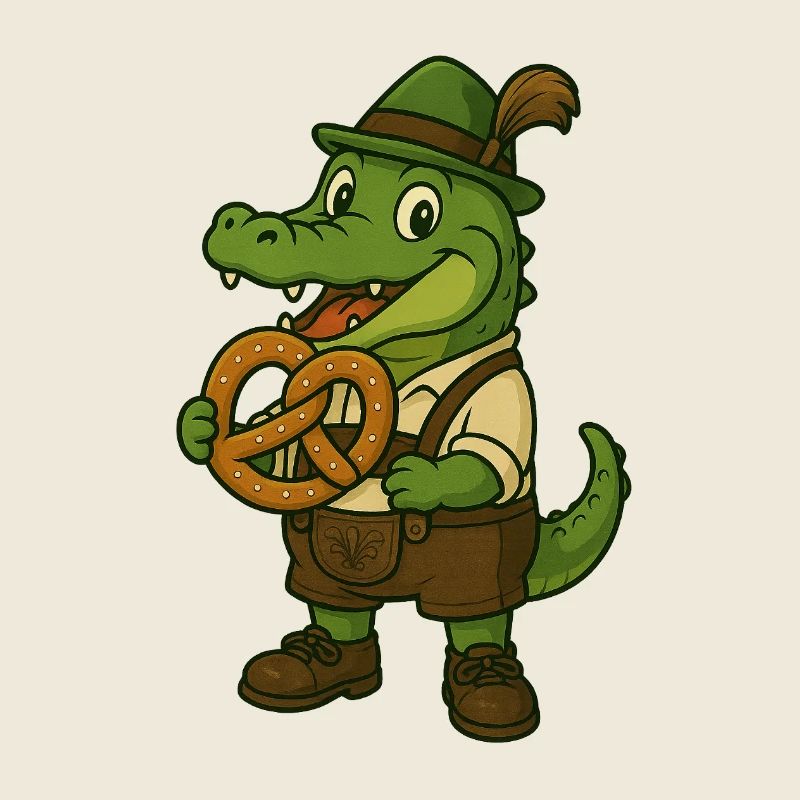 Crocodile en costume traditionnel avec bretzel