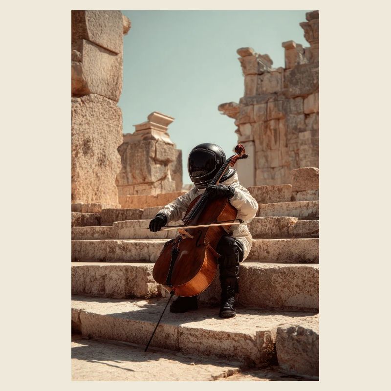 Futuristic Astronaut Playing Cello on Ancient Step