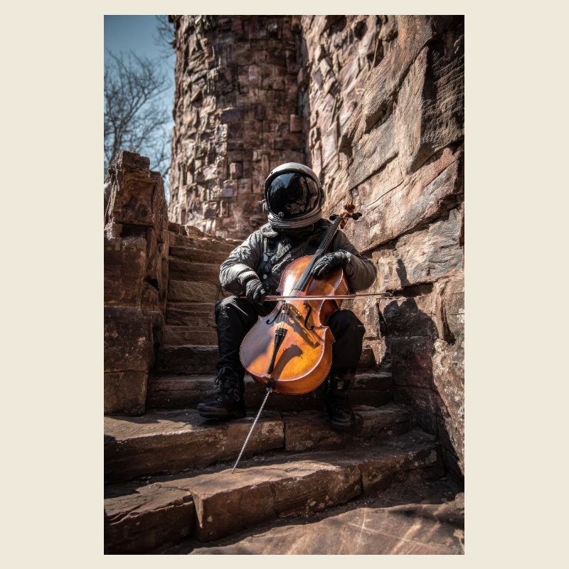 Un astronaute joue du violoncelle sur des marches en pierre