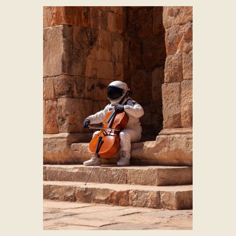 Un astronaute jouant du violoncelle dans des ruines antiques