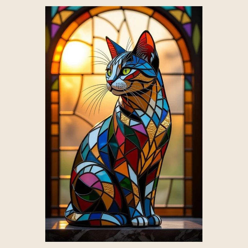 Gato Art Déco en Vitrail Coloré