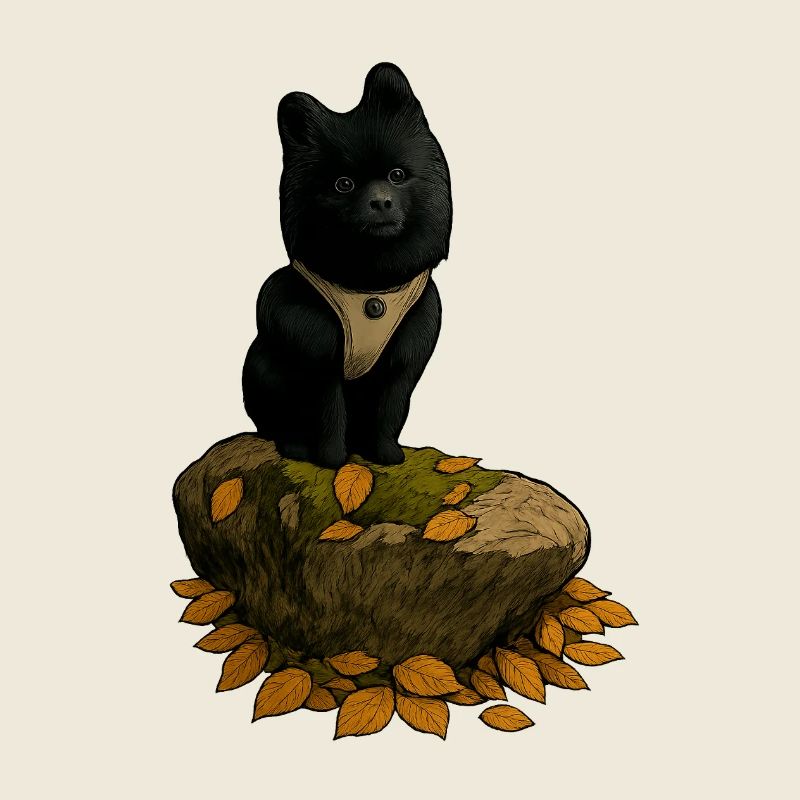Schwarzer Spitz Hund auf Baumstamm
