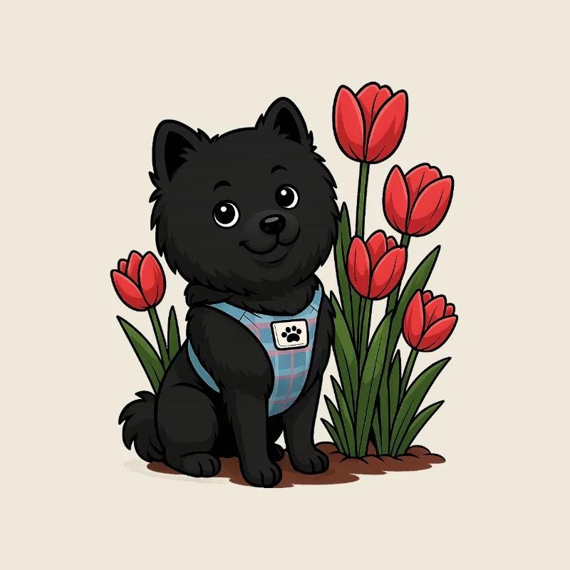 Chien Spitz mignon avec des tulipes