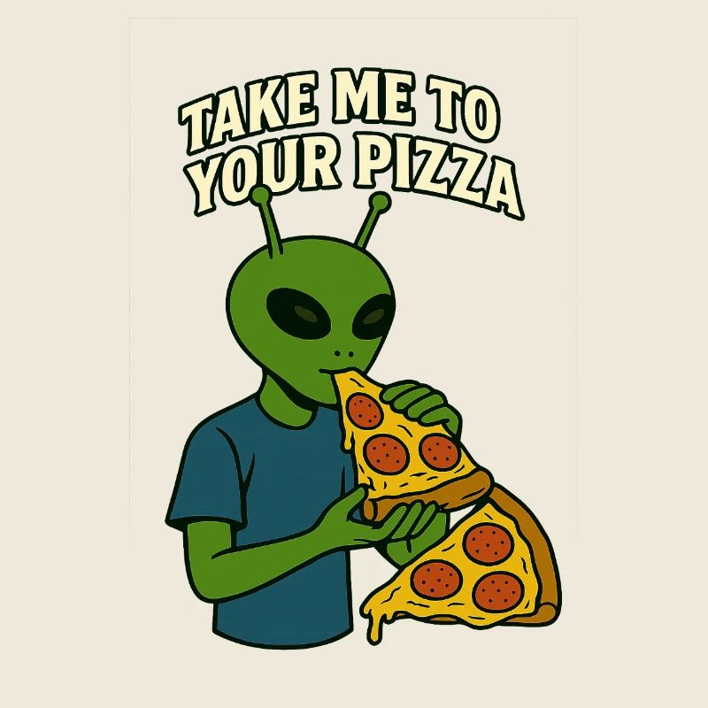 Conception de t-shirt Alien Pizza avec slogan