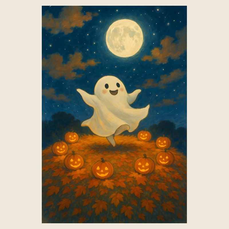 Moonlit Ghost Among Pumpkins