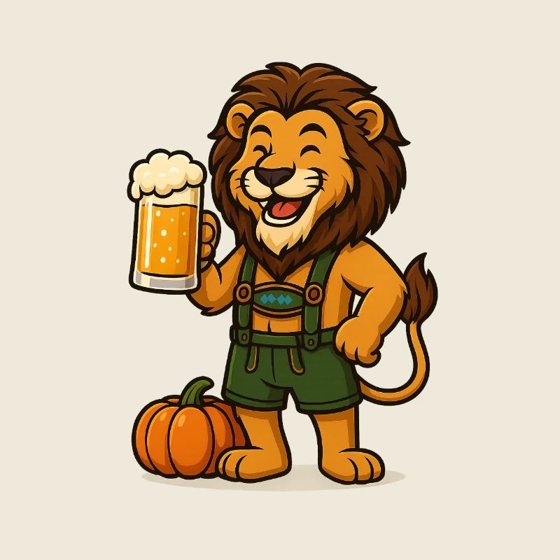 Autumnal lion with beer and pumpkin
