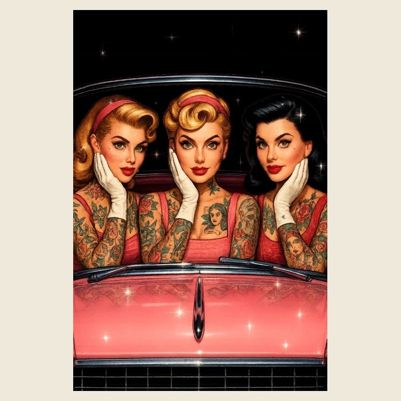 Three pin-up tattoos in vintage car