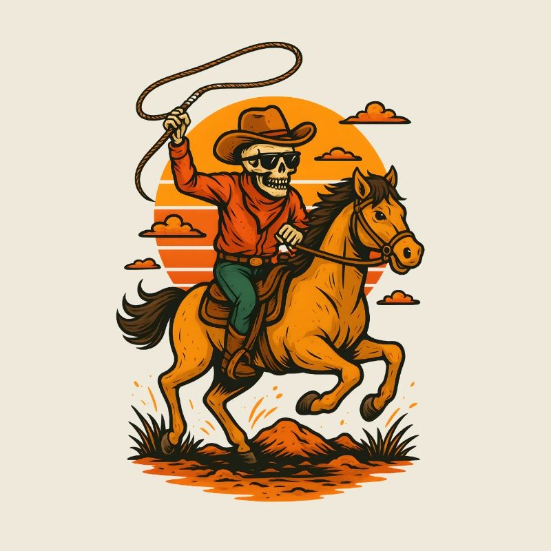 Skelett Cowboy im Abendrot reitend