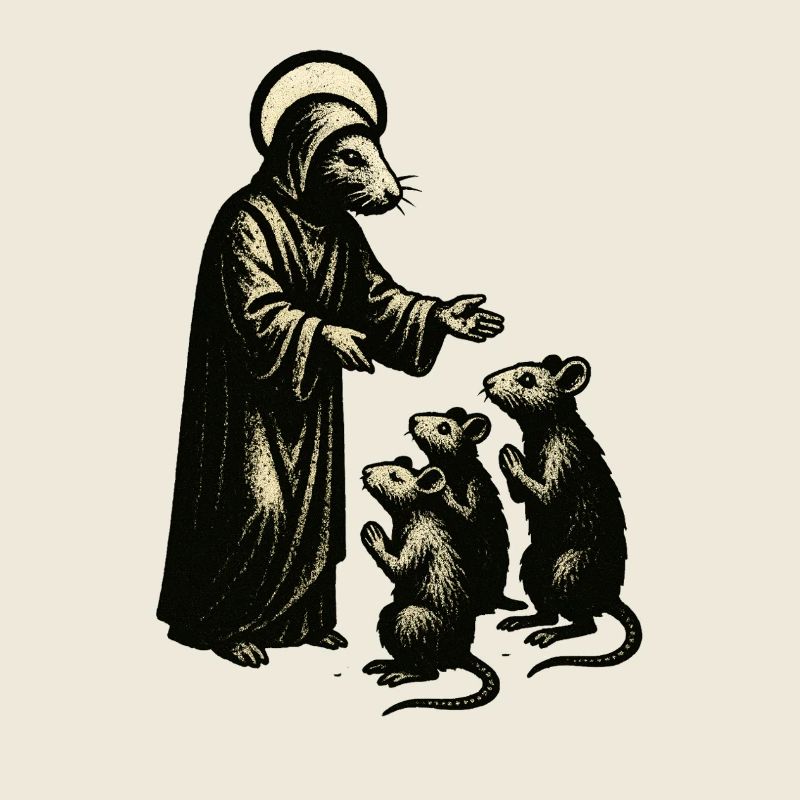 Shepherd figure with mice woodcut