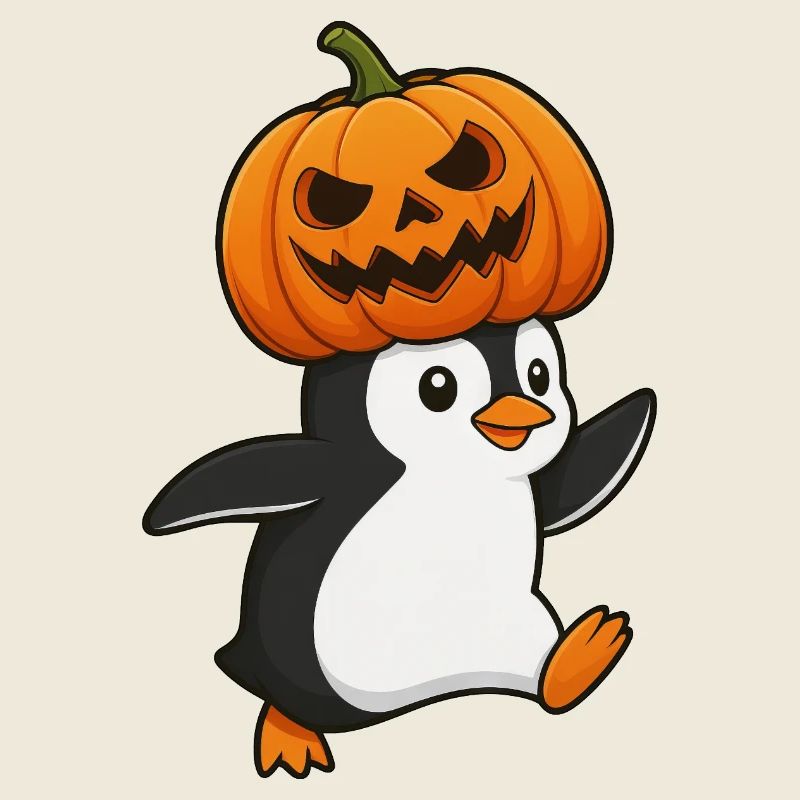 Cute Halloween Penguin with Hat and Pumpkin Cartoon