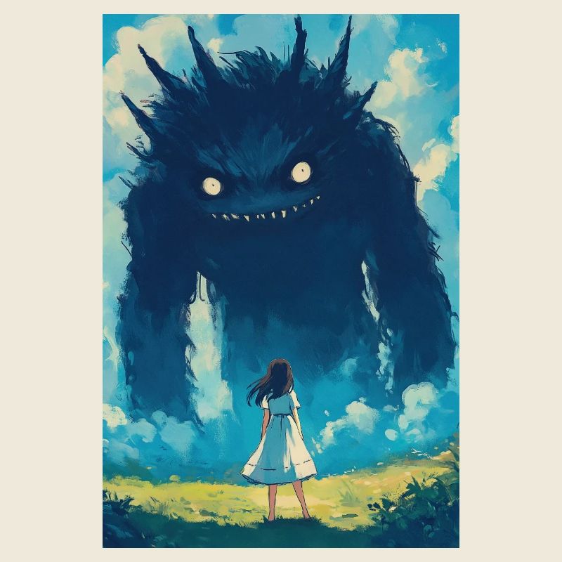 Ein Mädchen steht einem Monster gegenüber