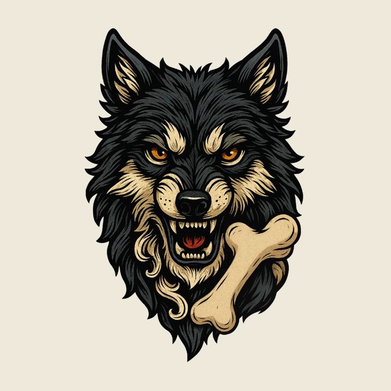 Wolf Attack: Wolf's Head with Bone