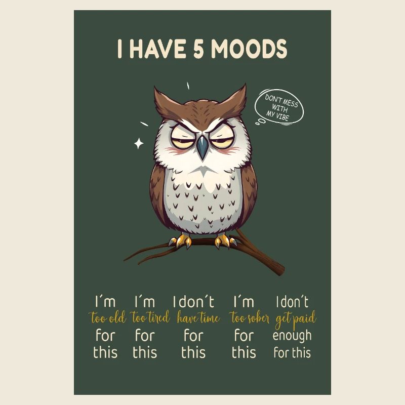 Grumpy Owl – I Have 5 Moods Funny Design