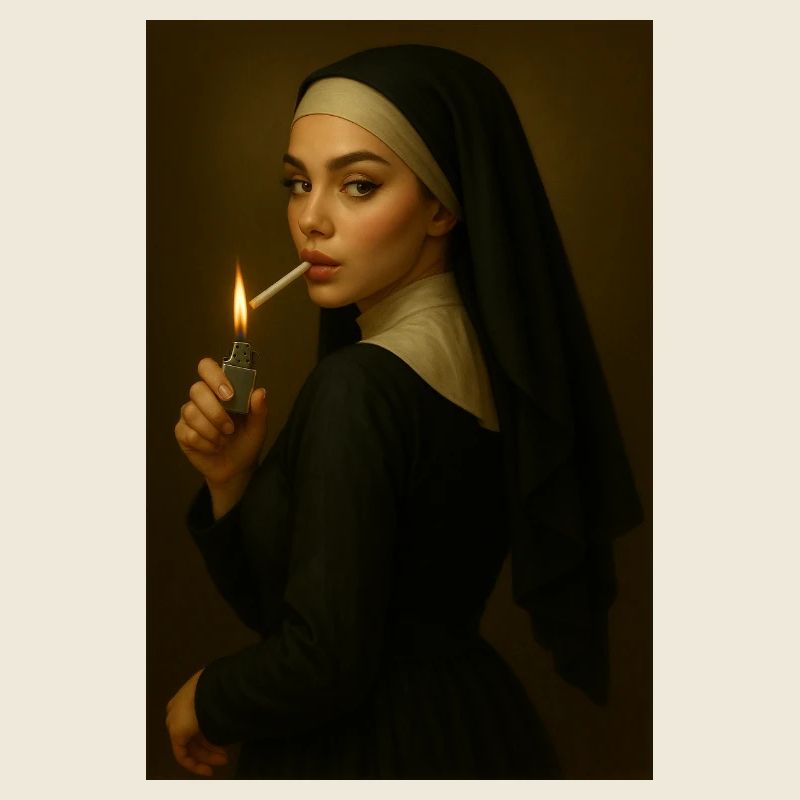 Nonne mit Feuerzeug