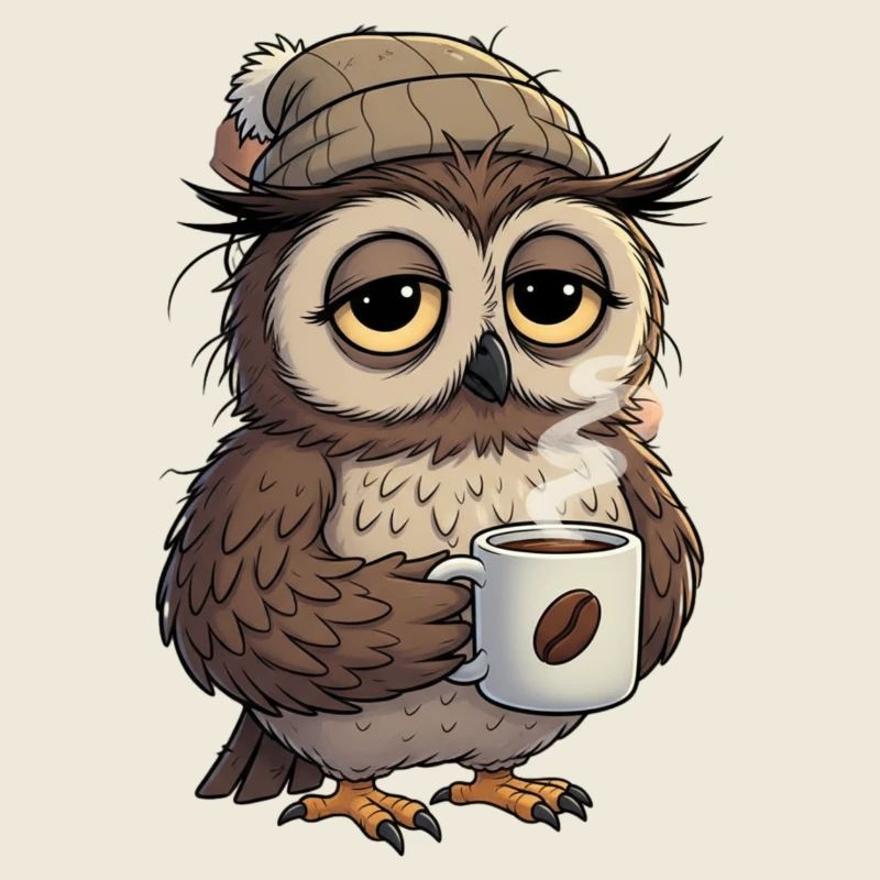 Verschlafene Eule Mit Kaffeetasse Cartoon