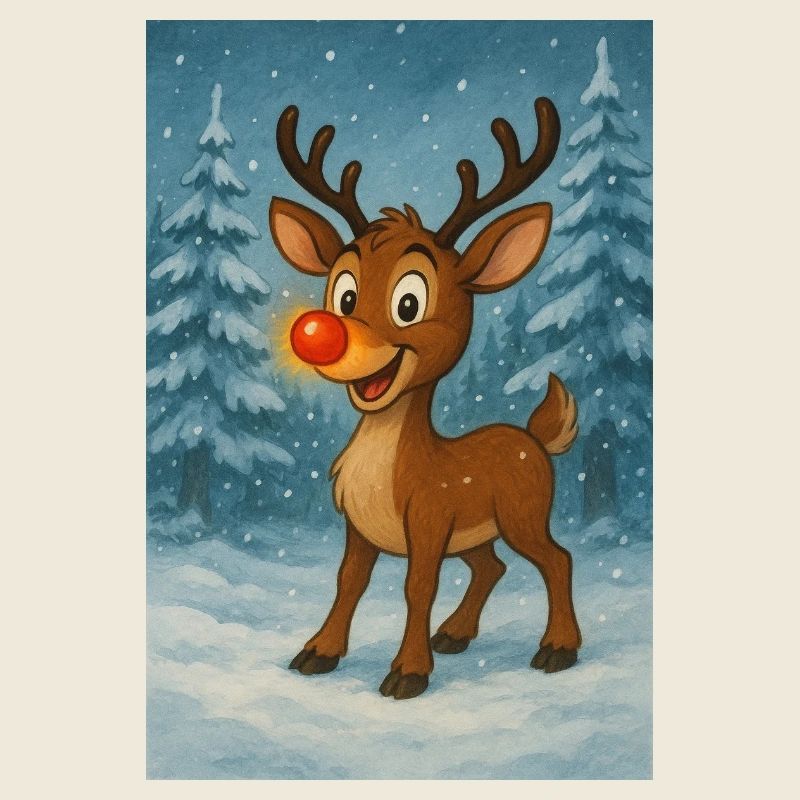 Reindeer with red nose in winter forest