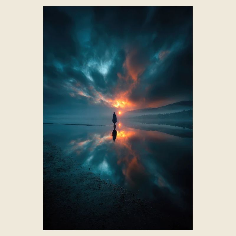 Solitary Sunset Reflections on a Misty Shore
