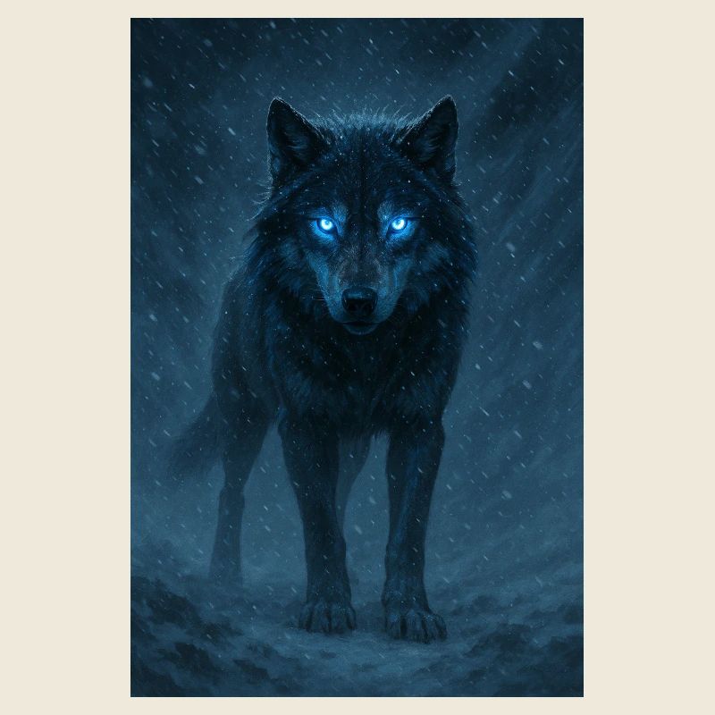 Loup aux yeux bleus en pleine tempête de neige