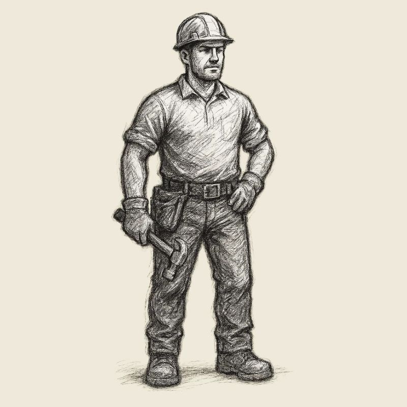 Croquis approximatif d’un ouvrier du bâtiment avec un marteau