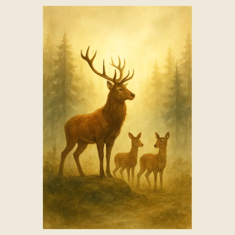 Goldhirschfamilie im Wald