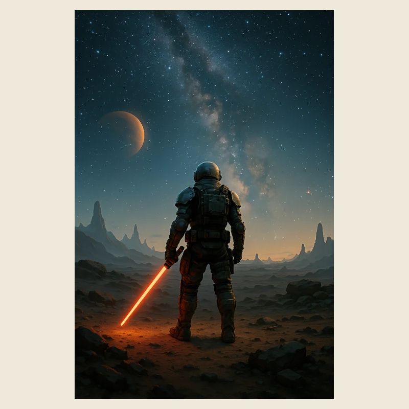 Astronaut with red lightsaber on alien world