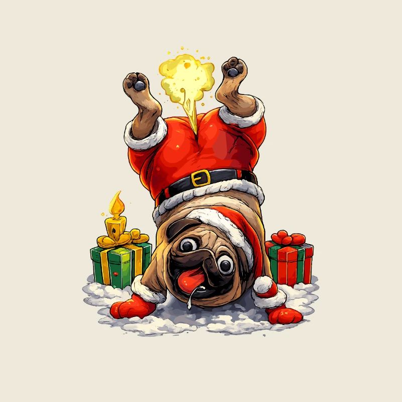 Hund im Weihnachtsanzug mit Geschenken