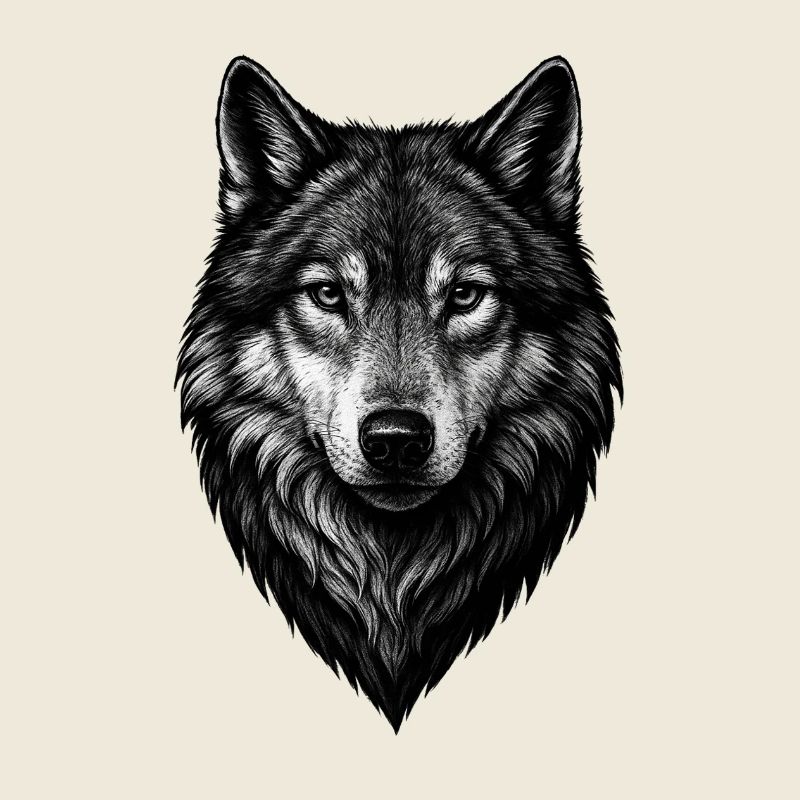 Illustration en noir et blanc de la tête de loup
