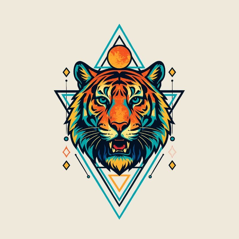 Geometric Neon Tiger Moon Circle