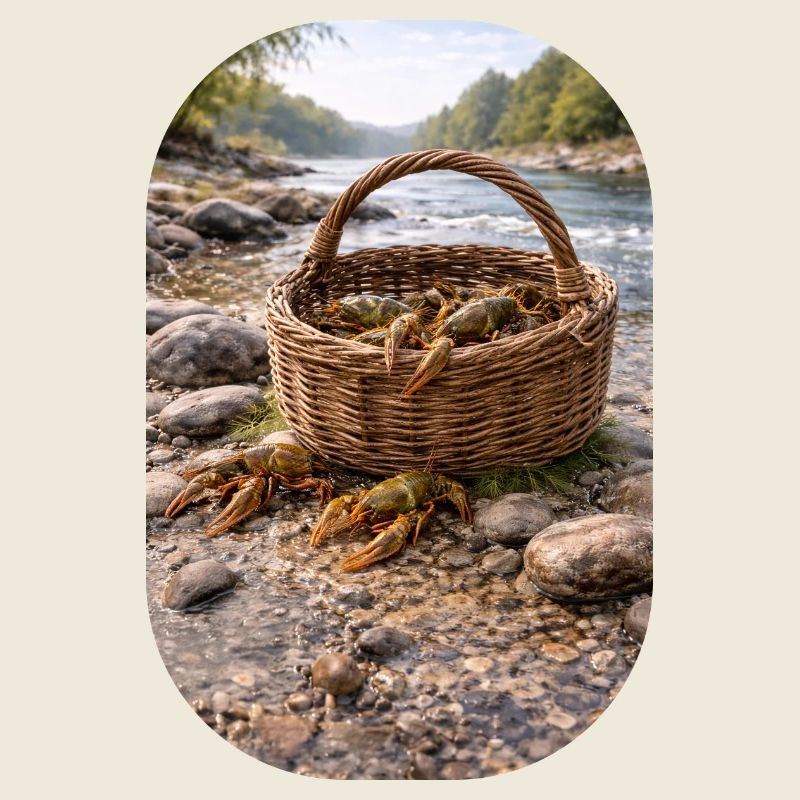 Panier plein de crabes sur la rive de la rivière Severskii Donets