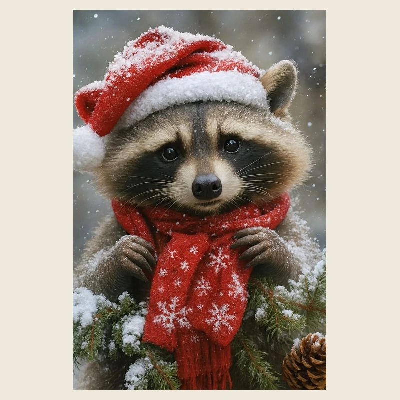 Gemütlicher Waschbär in Winter Reds