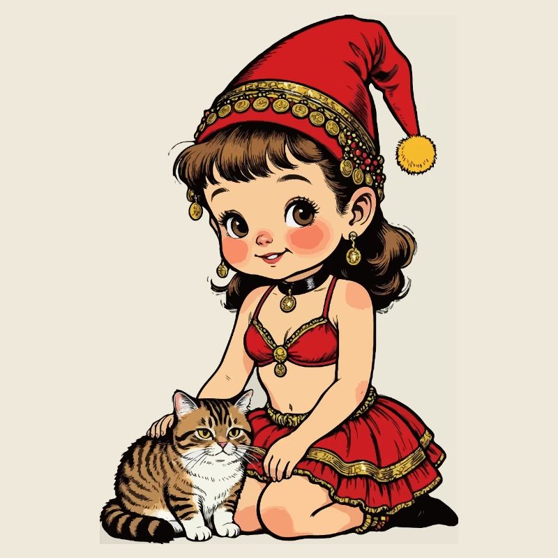 Gnome girl strokes cat