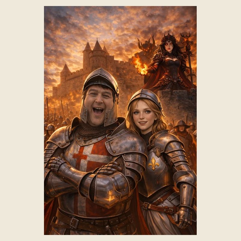 Couple de chevaliers et figure de feu